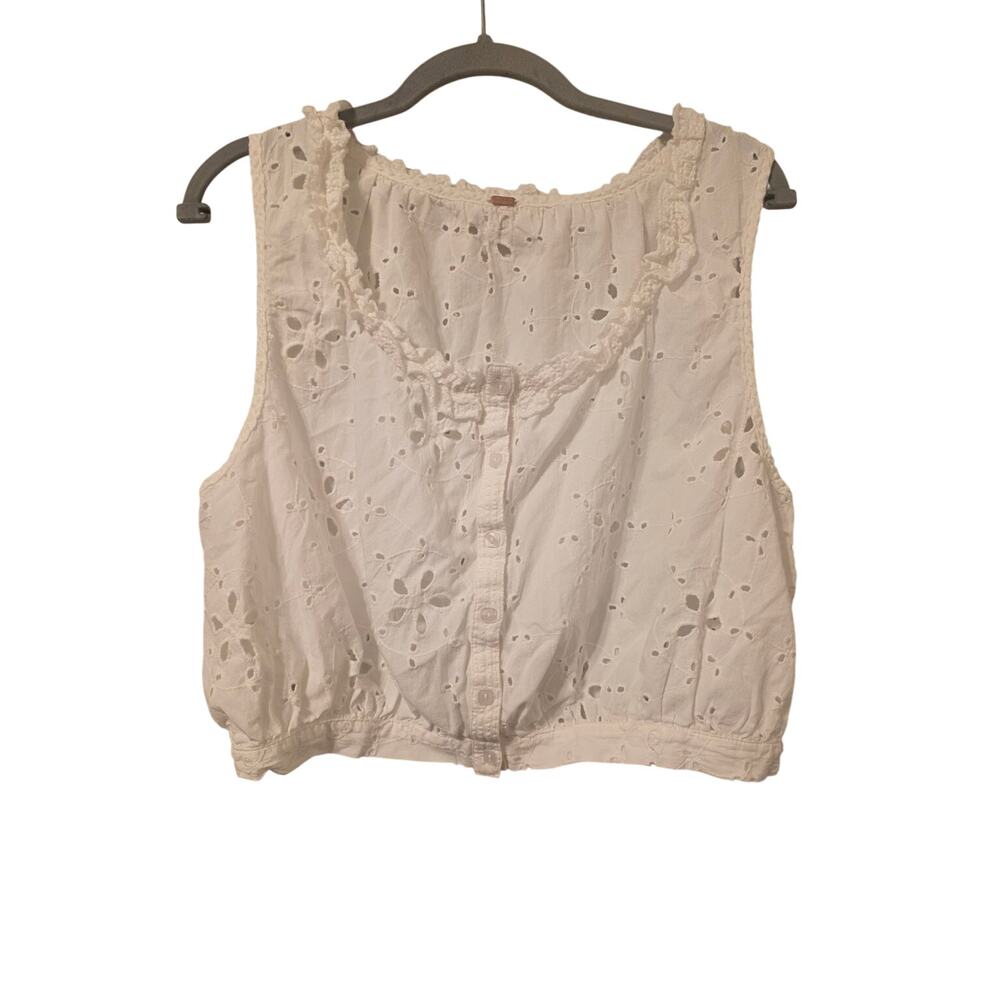 Free People White Eyelet Crop Top Button Front Ruffle Boho Cottagecore S/M